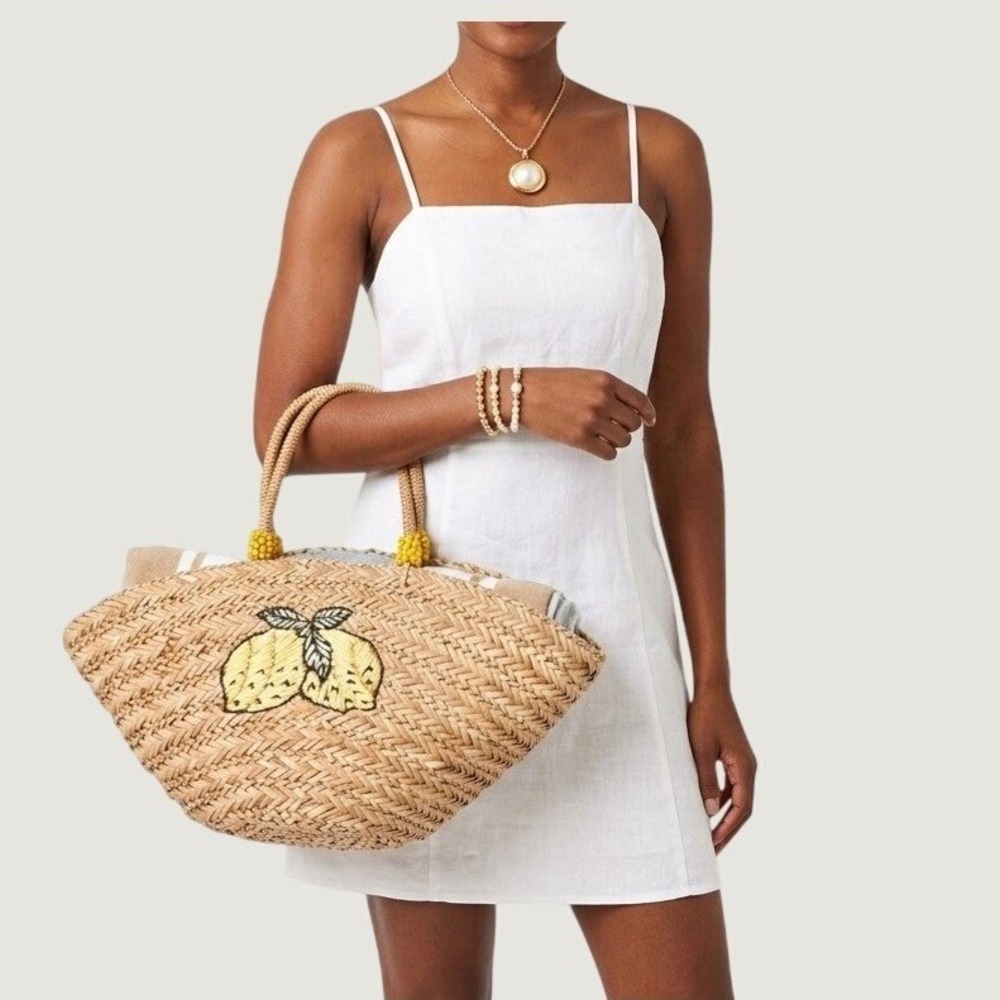 Shiraleah Lemon Citrus Straw Tote Bag Natural Woven Beach Summer Vacation Boho